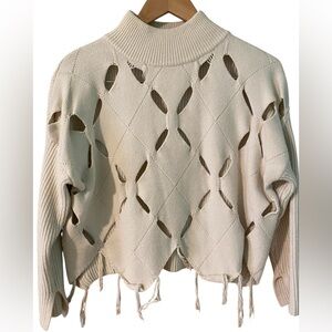 Beige Botany Sweater Crop Mock neck Women Size Medium/Large Holes Fringe